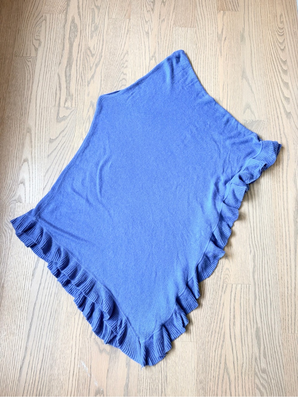 Classic Cashmere Blue Ruffled Poncho Cape Sweater Shawl Wrap Asymmetrical Hem